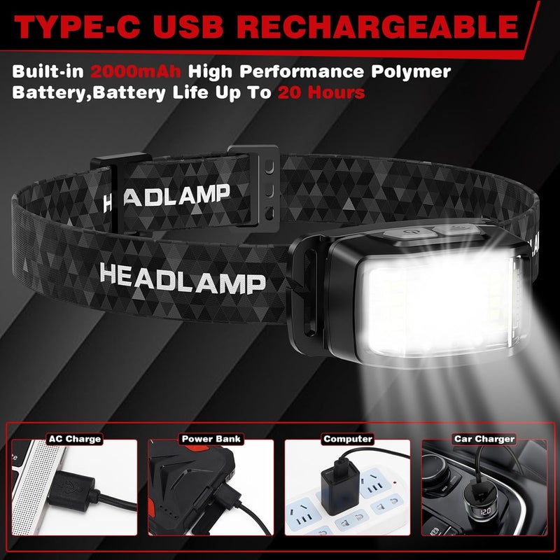 KIDECCE Store Headlamp Rechargeable,2 Pack 2000 Lumen Super Bright Led Headlamp,16 Modes Motion Sensor Head Lamp,Ipx6 Waterproof Lightweight Headlight,White Red Flashlight For Fishing Camping Hunting Essentials - Image 5